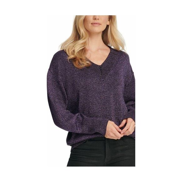 DKNY NWT Purple Glitter Sparkle V-Neck Sweater Top‎ - Picture 1 of 7